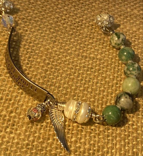 Sentiment bracelet with green and white spotted onyx. picture