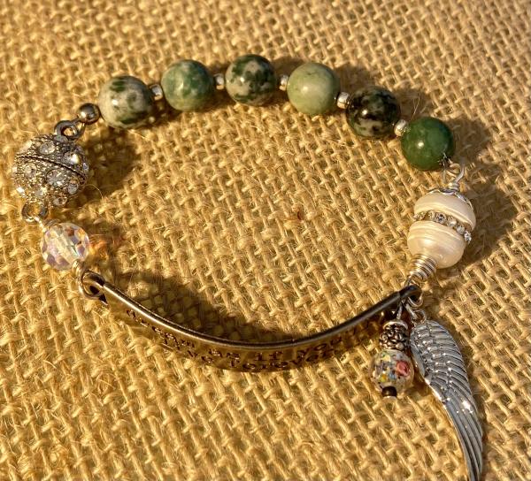 Sentiment bracelet with green and white spotted onyx. picture