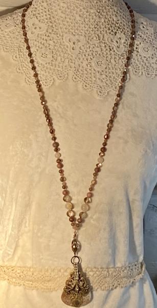 Long hand knotted necklace rose colored beads and vintage clip necklace picture