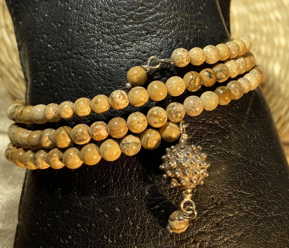 Triple coil Chinese writing stone and .925 silver bracelet picture