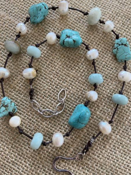 Turquoise,Amazonite and pearl knotted necklace