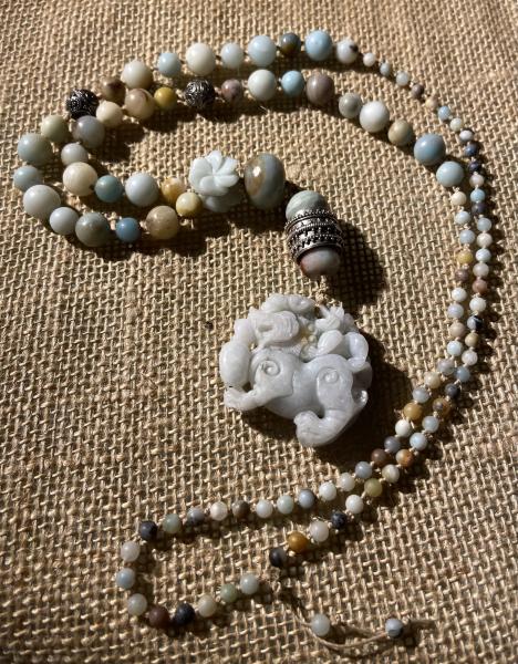Long hand knotted necklace with Amazonite