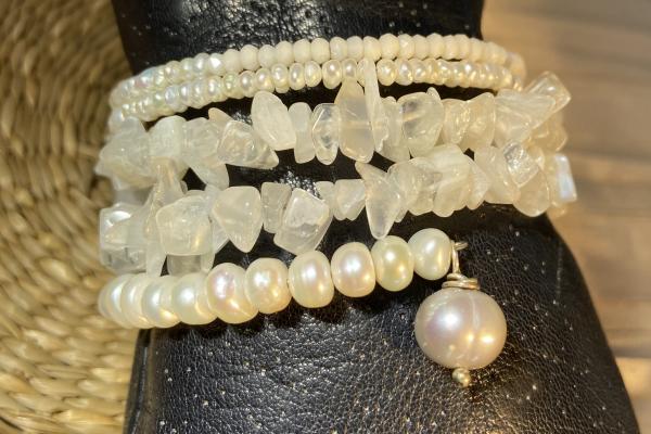 Freshwater pearl and moonstone five coil bracelet picture
