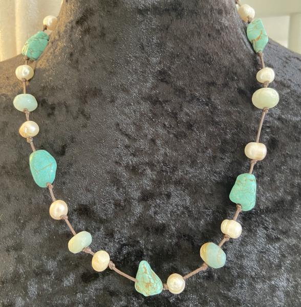 Turquoise,Amazonite and pearl knotted necklace picture