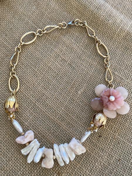 Gorgeous peach aventurine, pink opal and freshwater pearl necklace.