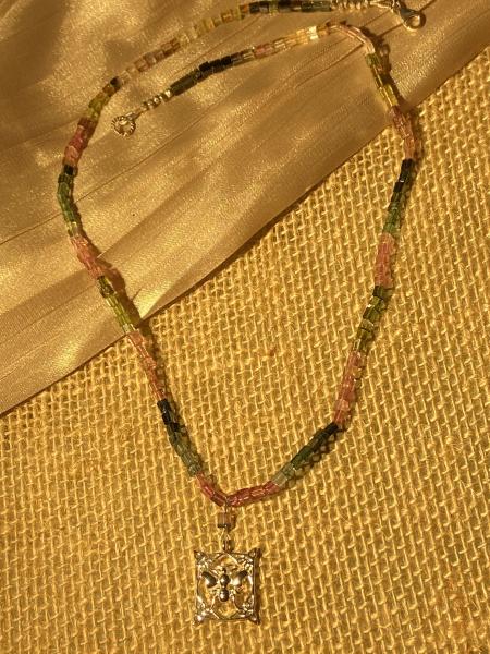 Watermelon tourmaline and .925 silver bee charm necklace. picture