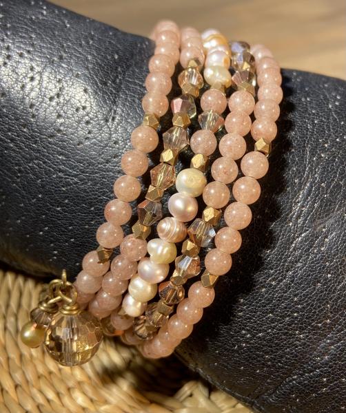 Six coils of strawberry quartz, bronze and pearls bracelet picture