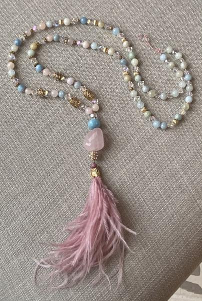 Morganite, rose quartz and ruby long necklace picture
