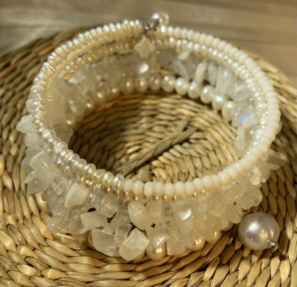 Freshwater pearl and moonstone five coil bracelet picture