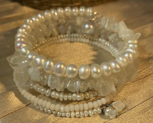 Freshwater pearl and moonstone five coil bracelet picture