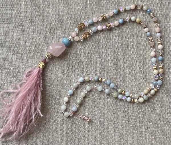 Morganite, rose quartz and ruby long necklace
