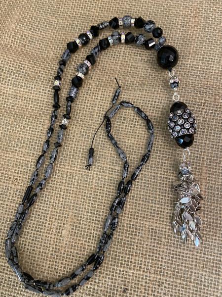 Long hand knotted necklace with black snowflake obsidian necklace picture