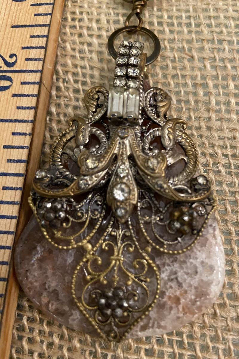 Long hand knotted necklace rose colored beads and vintage clip necklace picture