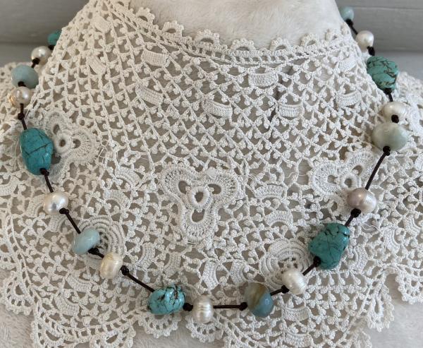 Turquoise,Amazonite and pearl knotted necklace picture