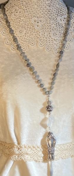 Lovely labradorite, chalcedony and rock quartz long necklace picture