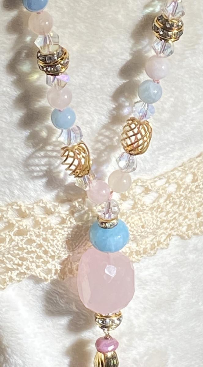 Morganite, rose quartz and ruby long necklace picture