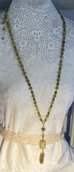 Olive jade long hand knotted necklace picture