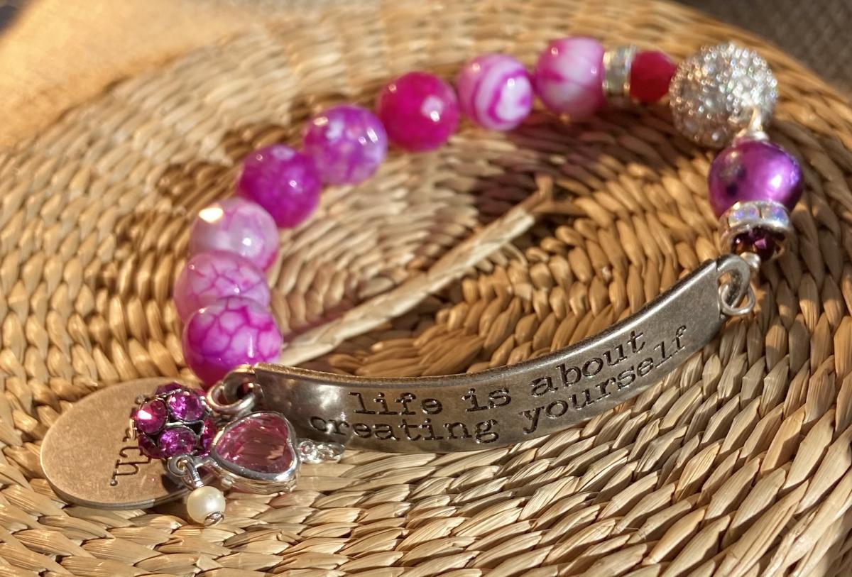 Sentiment bracelet with fuschia agate and pearl. picture