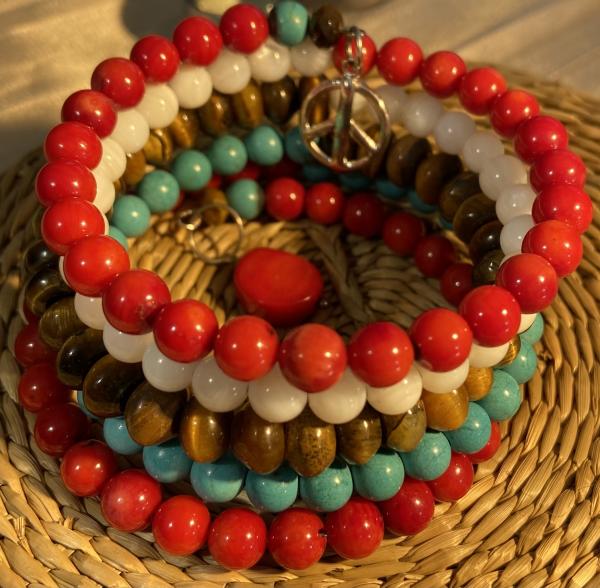5 coils of coral, tiger eye and turquoise bracelet picture