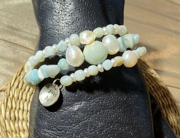 Amazonite and freshwater pearl double coil bracelet picture