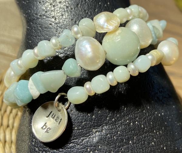 Amazonite and freshwater pearl double coil bracelet
