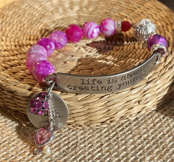 Sentiment bracelet with fuschia agate and pearl.