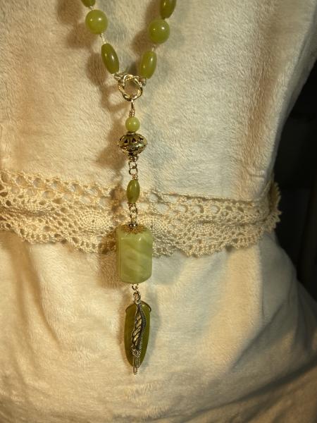 Olive jade long hand knotted necklace