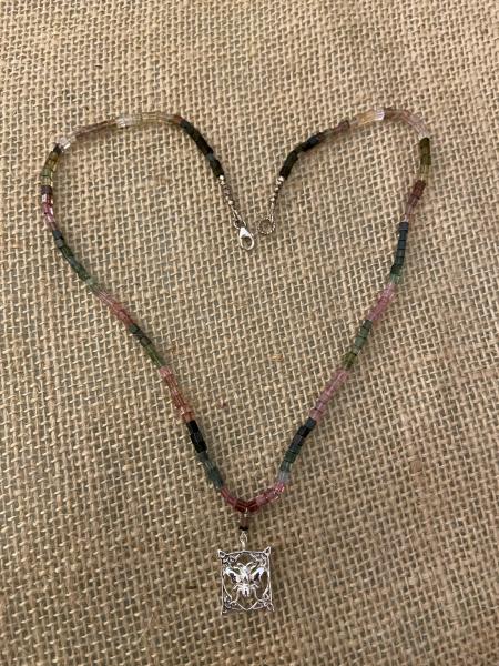 Watermelon tourmaline and .925 silver bee charm necklace. picture