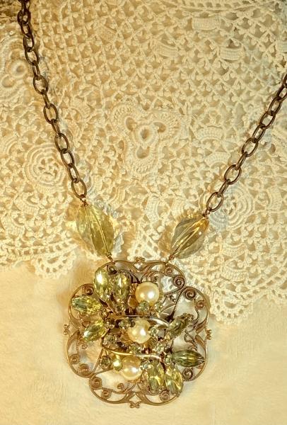 Champagne colored rock quartz and vintage up cycled broach necklace