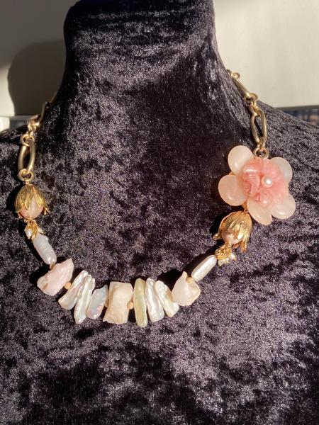 Gorgeous peach aventurine, pink opal and freshwater pearl necklace. picture