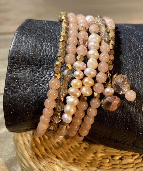 Six coils of strawberry quartz, bronze and pearls bracelet picture