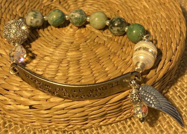 Sentiment bracelet with green and white spotted onyx.
