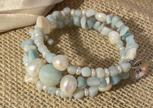 Amazonite and freshwater pearl double coil bracelet picture