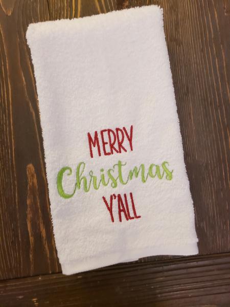 Embroidered towel, Merry Christmas y'all