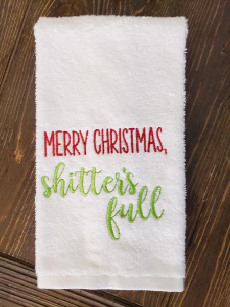 Embroidered towel, Merry Christmas shitters full