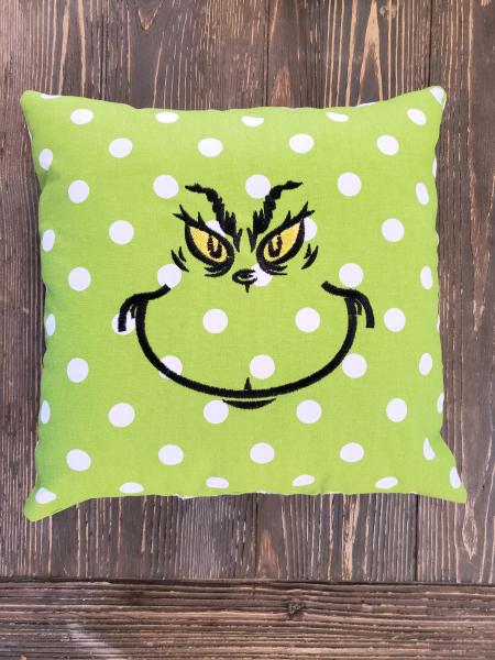 Grinch Face Christmas Pillow, Green with white dots