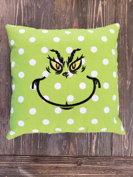 Grinch Face Christmas Pillow, Green with white dots picture