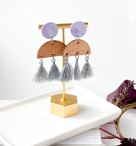 Purple and Wood Tassel Earrings