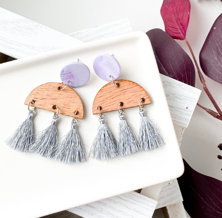 Purple and Wood Tassel Earrings picture
