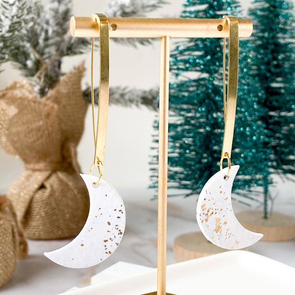 White and Gold Foil Crescent Moon Dangles