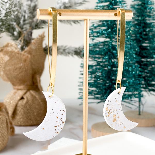 White and Gold Foil Crescent Moon Dangles picture