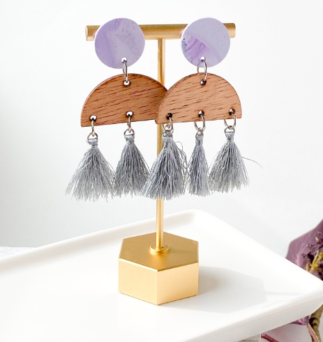 Purple and Wood Tassel Earrings picture