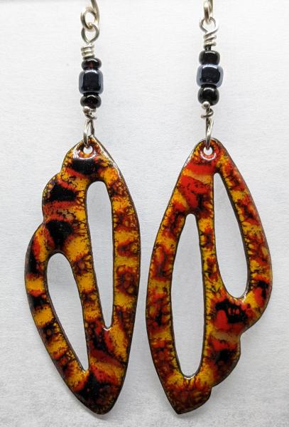 Enameled Earrings, Red/Black/Yellow Wings