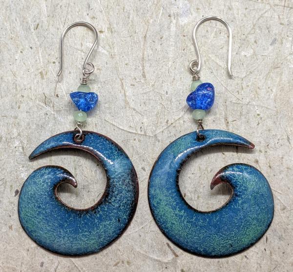 Enameled Swirl Earrings, Floating Blue