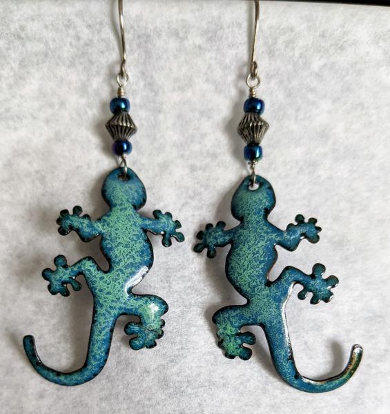 Enameled Earrings, Floating Blue Green Gecko