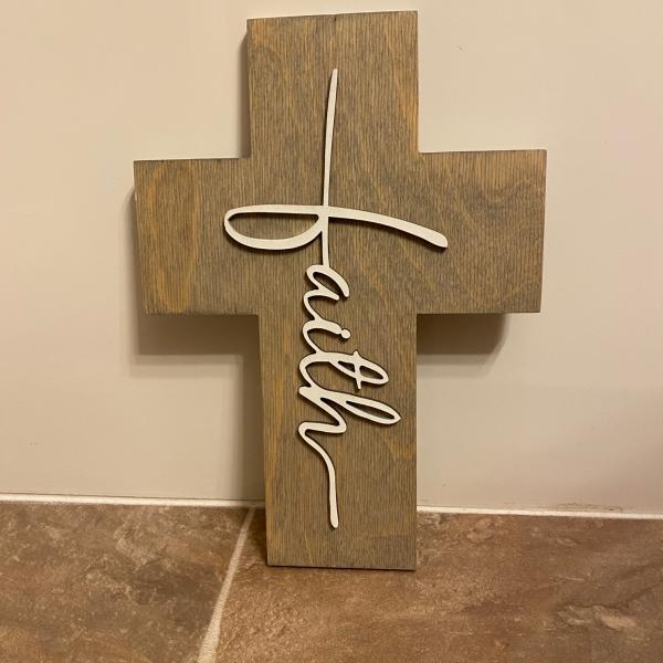 Wood Plaque - Faith Cross (grey stain)