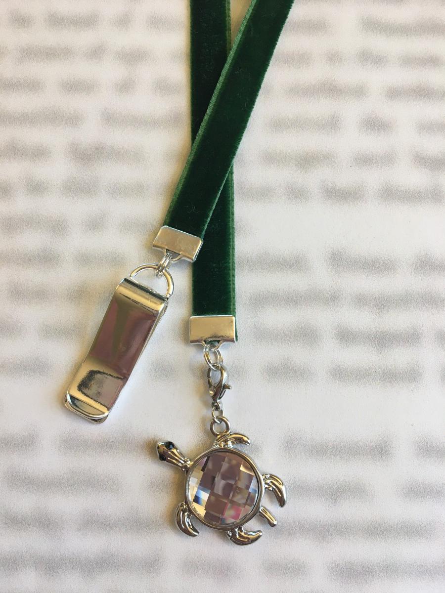 Exquisite Swarovski Turtle bookmark with faceted crystal, Sea Turtle bookmark- Attach clip to book cover then mark page with ribbon & charm picture