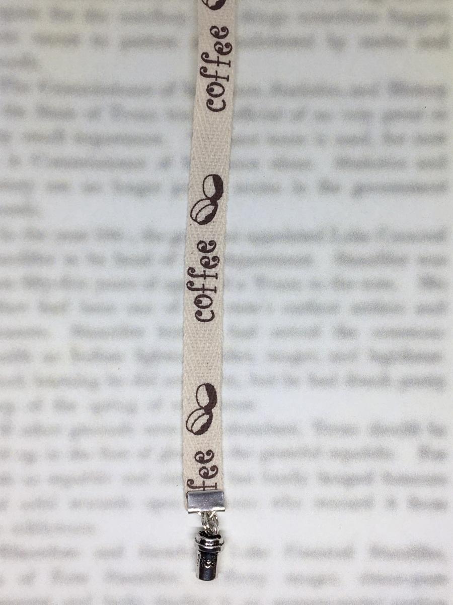Coffee bookmark / Coffee Lover bookmark  - Attach clip to book cover then mark the page with the ribbon. Never lose your bookmark! picture
