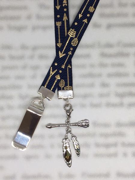 Arrow with Feather Bookmark / Exquisite Swarovski Crystal Unique Gift - Attach clip to book cover then mark page with ribbon & charm picture