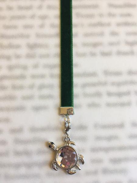 Exquisite Swarovski Turtle bookmark with faceted crystal, Sea Turtle bookmark- Attach clip to book cover then mark page with ribbon & charm picture